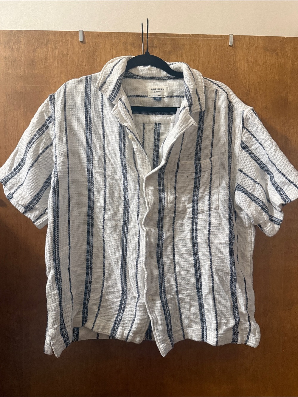 American Eagle Outfitters White & Navy Striped Short-Sleeve Button Shirt